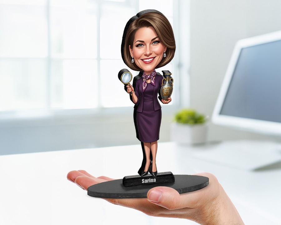 Female Antiques Dealer figurine — custom personalized Business gift, premium wood 8 inches