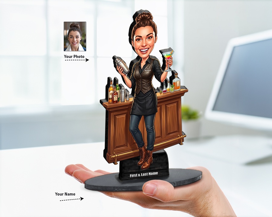 Bartender — Dark Skin figurine — custom personalized Business gift, premium wood 8 inches
