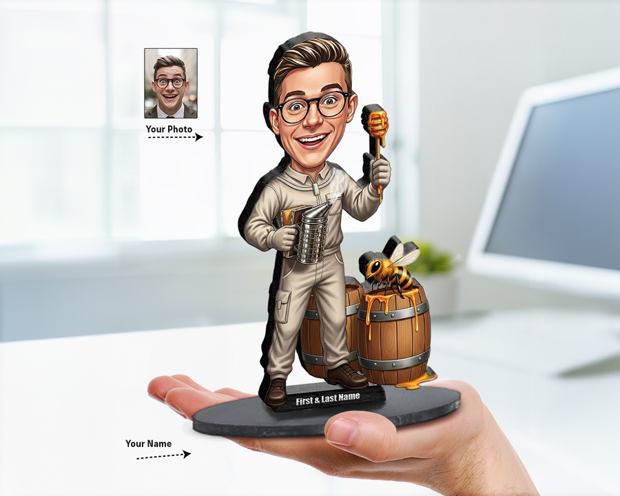 Beekeeper with Smoker figurine — custom personalized Business gift, premium wood 8 inches