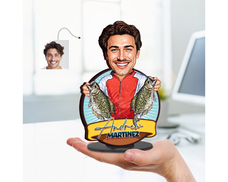 Fisherman — Circle Badge figurine — custom personalized Sport gift, premium wood 8 inches
