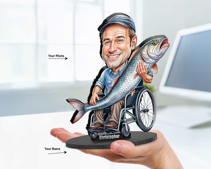 Fisherman in Wheelchair figurine — custom personalized Sport gift, premium wood 8 inches
