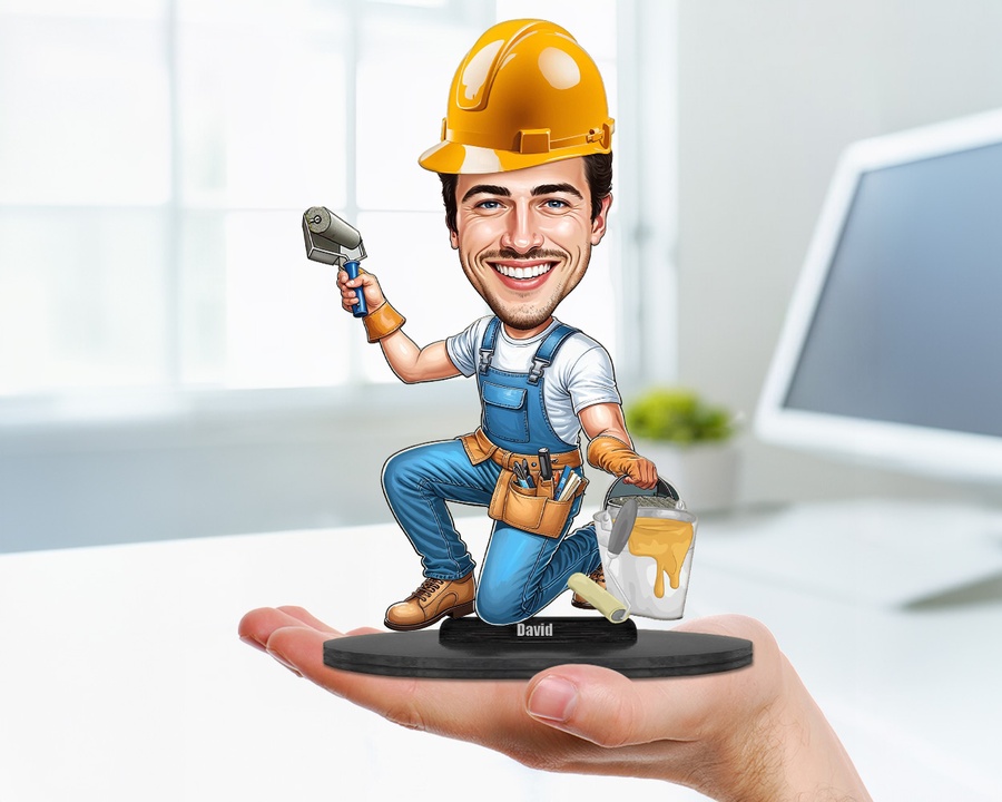 Construction Worker — Orange Vest figurine — custom personalized Business gift, premium wood 8 inches
