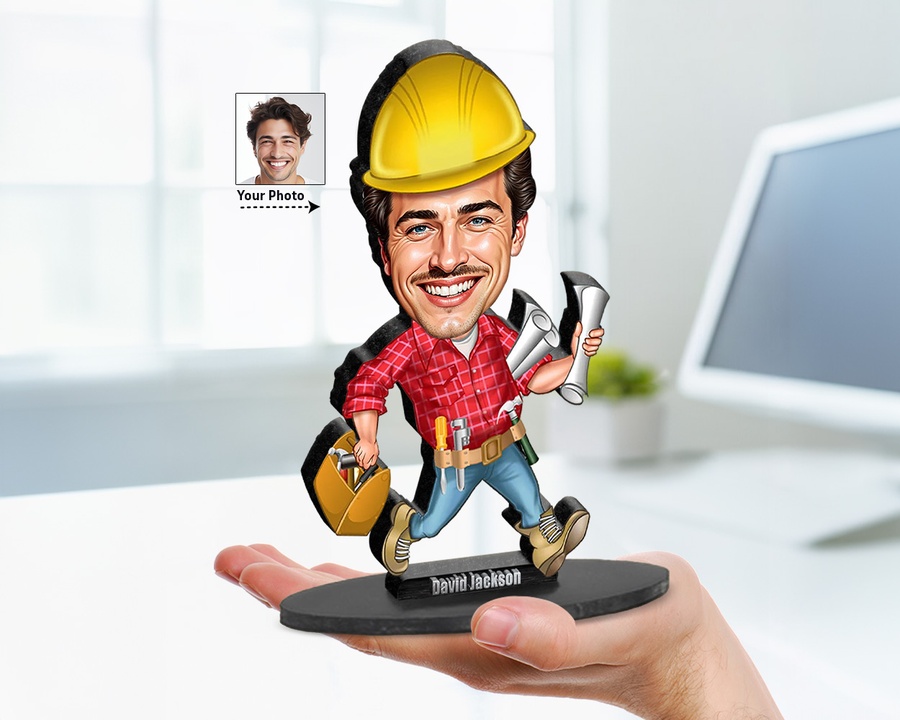 Construction Worker with Blueprints figurine — custom personalized Business gift, premium wood 8 inches
