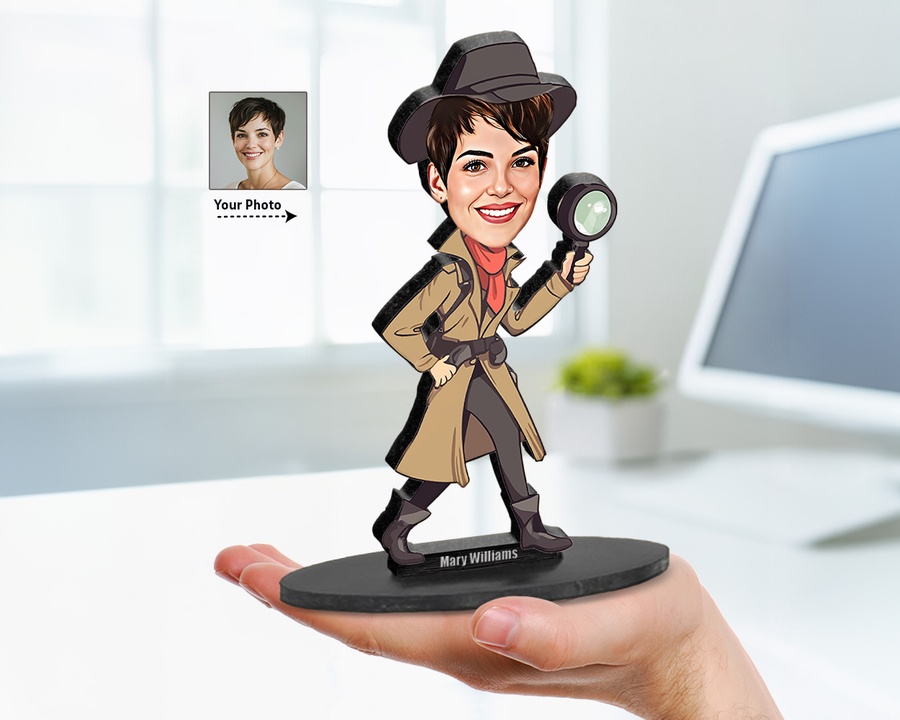 Female Detective with Magnifying Glass figurine — custom personalized Business gift, premium wood 8 inches