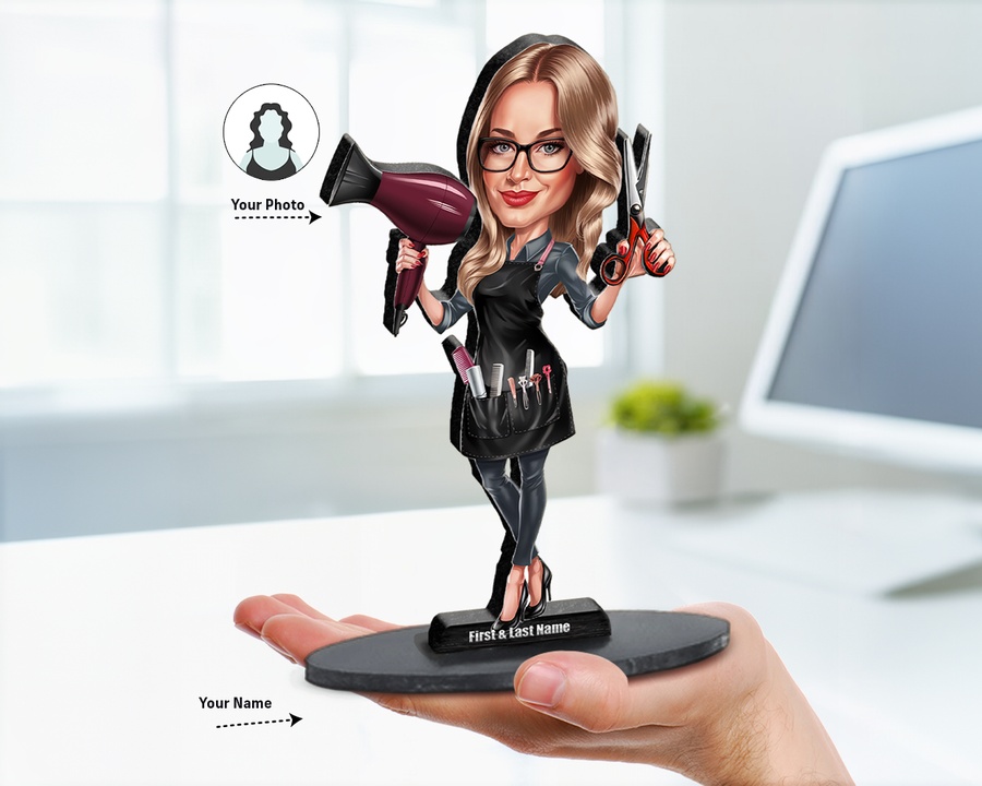 Female Hairdresser with Dryer & Scissors figurine — custom Business gift