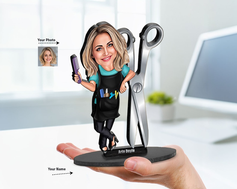 Female Hairdresser with Giant Scissors figurine — custom Business gift