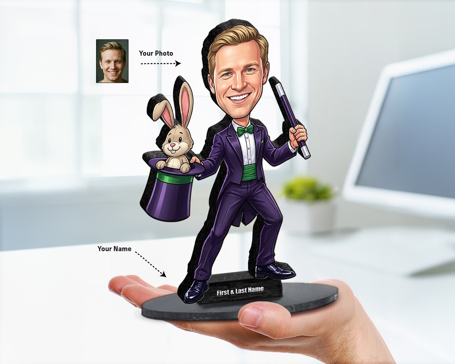 Magician figurine — custom personalized Business gift, premium wood 8 inches