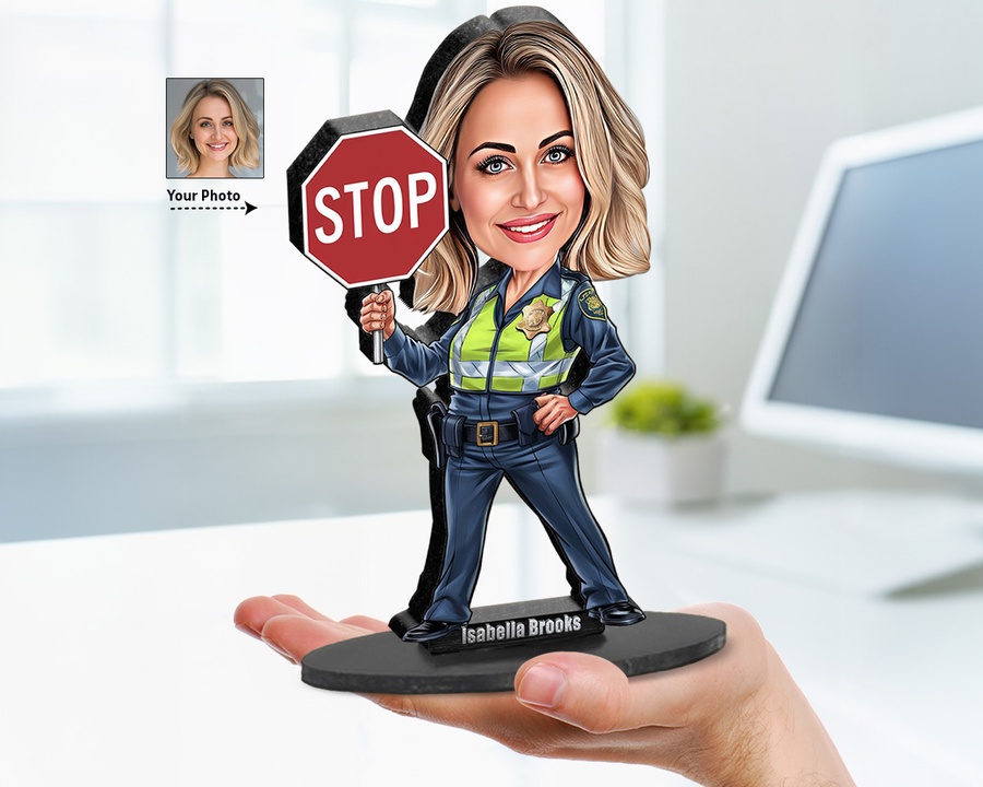 Female Police Officer figurine — custom personalized Business gift, premium wood 8 inches