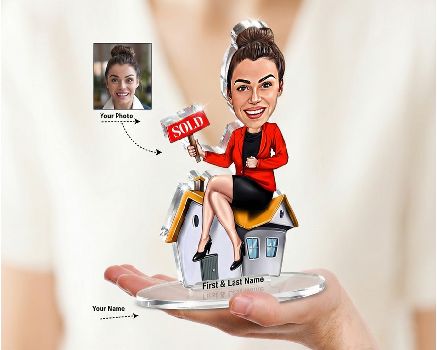 Female Real Estate Agent — For Sale Sign figurine — custom Business gift