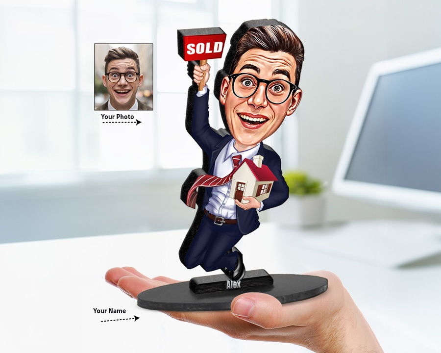 Male Real Estate Agent — Brown Skin figurine — custom personalized Business gift, premium wood 8 inches