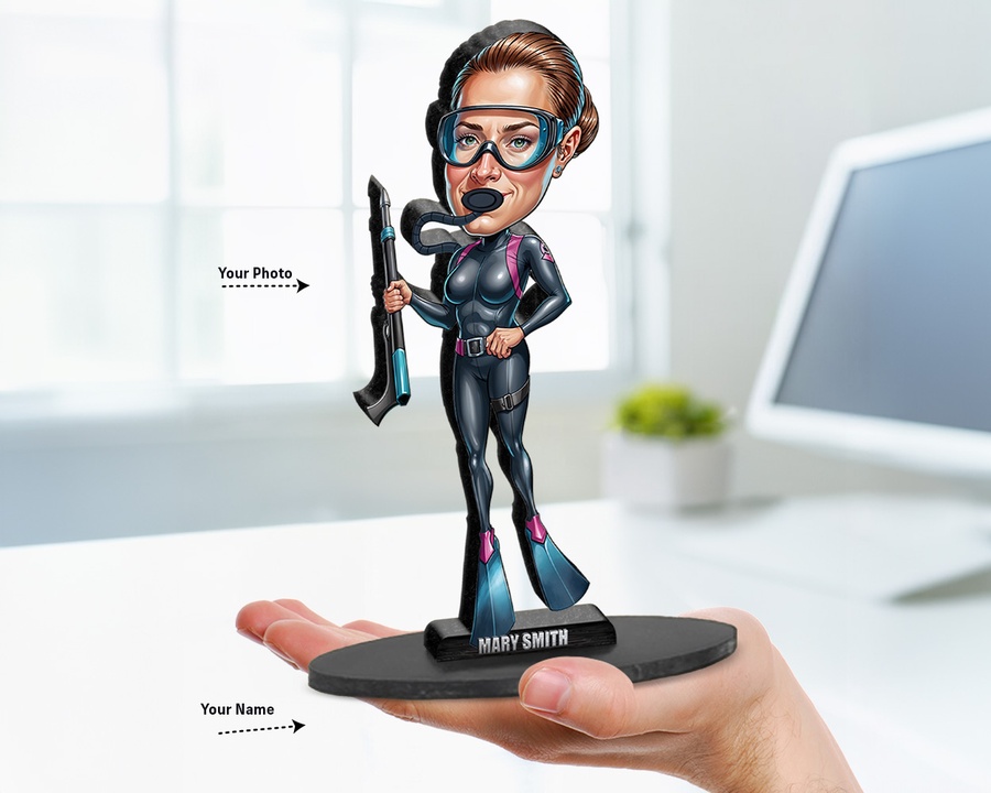 Female Spearfisher figurine — custom personalized Business gift, premium wood 8 inches