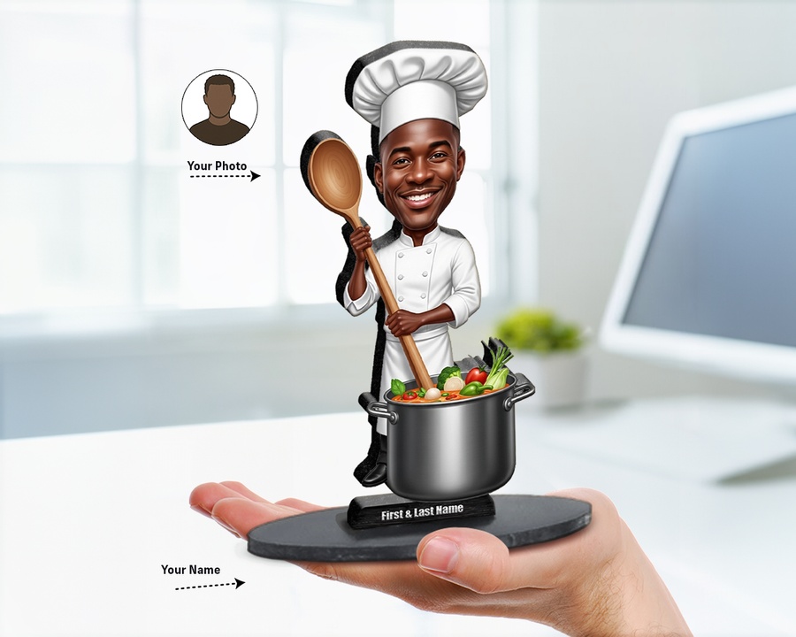 Chef Cooking Pot figurine — custom personalized Culinary gift, premium wood 8 inches