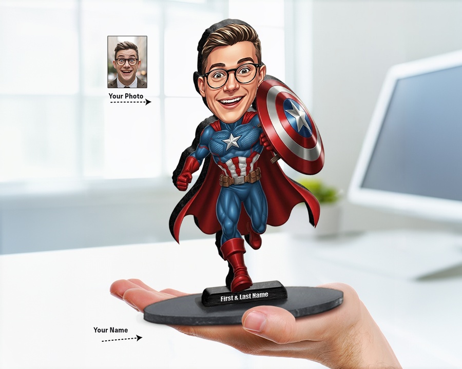 Superhero Male — Shield & Cape figurine — custom Family gift