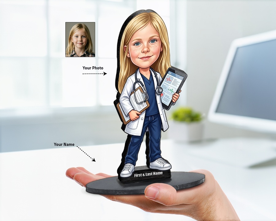 Doctor Girl figurine — custom personalized Family gift, premium wood 8 inches