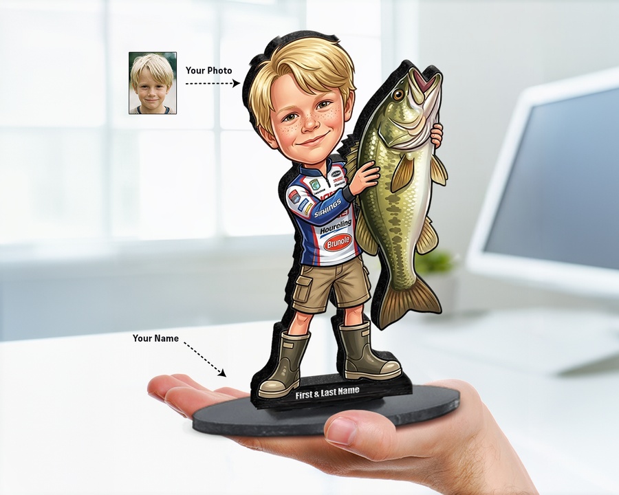 Fisherman Boy figurine — custom personalized Family gift, premium wood 8 inches