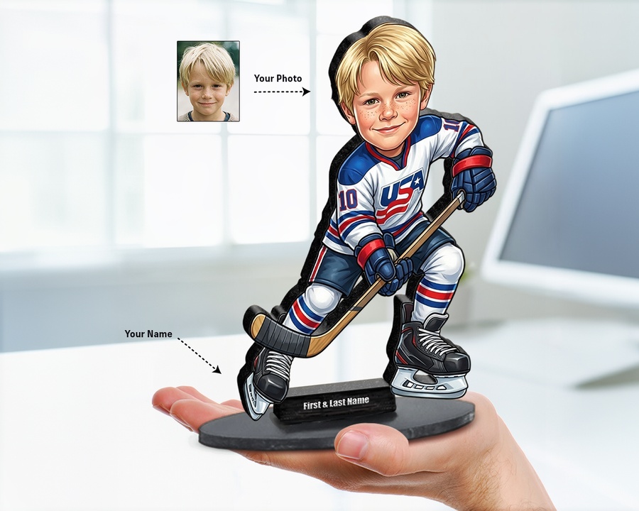 Hockey Player Boy figurine — custom personalized Family gift, premium wood 8 inches
