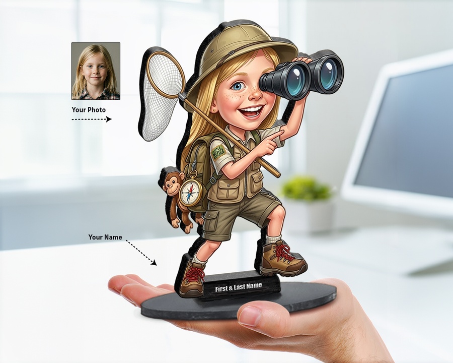 Safari Explorer Girl figurine — custom personalized Family gift, premium wood 8 inches