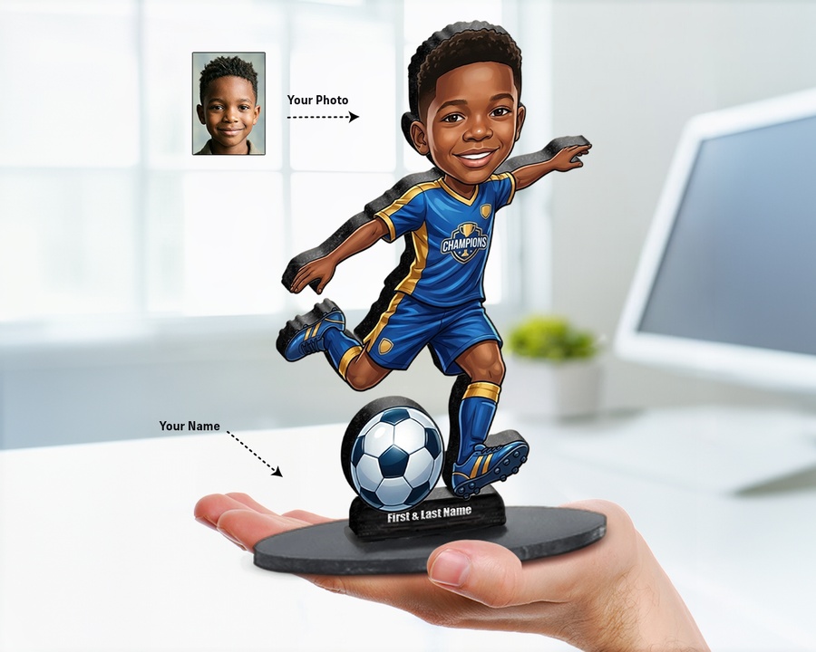 Soccer Player Boy figurine — custom personalized Family gift, premium wood 8 inches