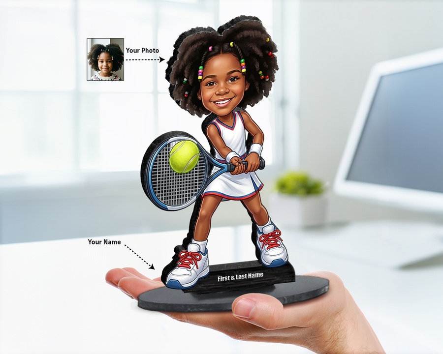 Tennis Player Girl figurine — custom personalized Family gift, premium wood 8 inches