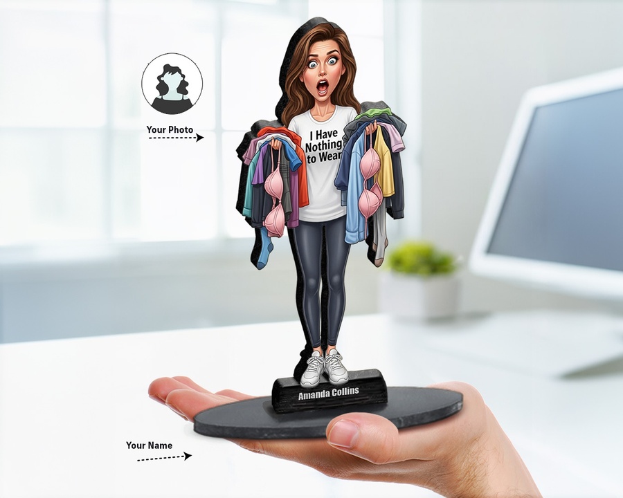 Closet Overload Clothes figurine — custom personalized Funny gift, premium wood 8 inches