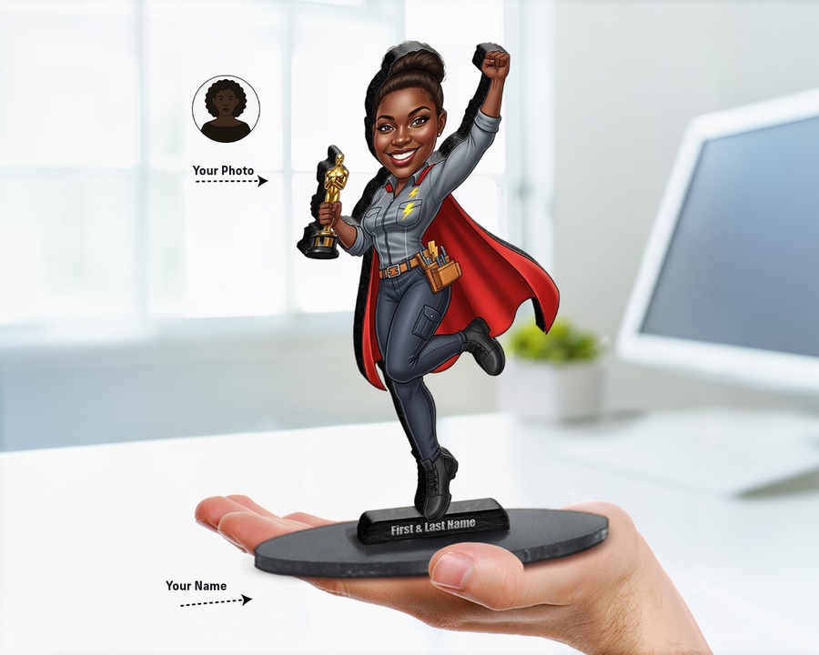 Electrician Award (Female) figurine — custom personalized Business gift, premium wood 8 inches