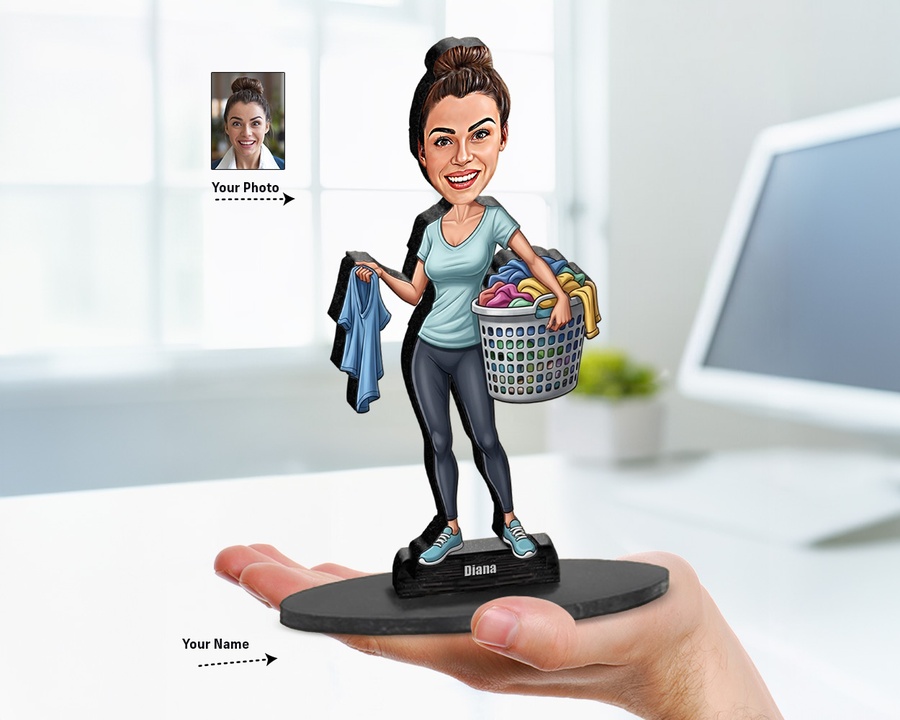 Laundry Lady Clothes figurine — custom personalized Funny gift, premium wood 8 inches