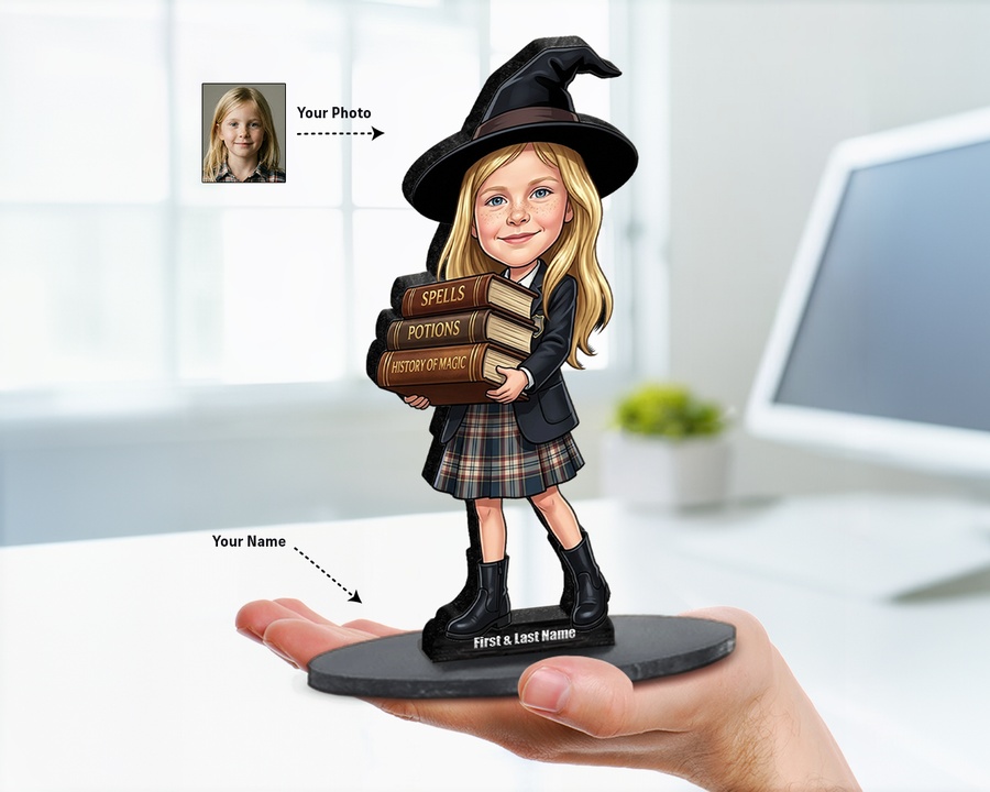 Witch Schoolgirl Book figurine — custom personalized Seasonal gift, premium wood 8 inches