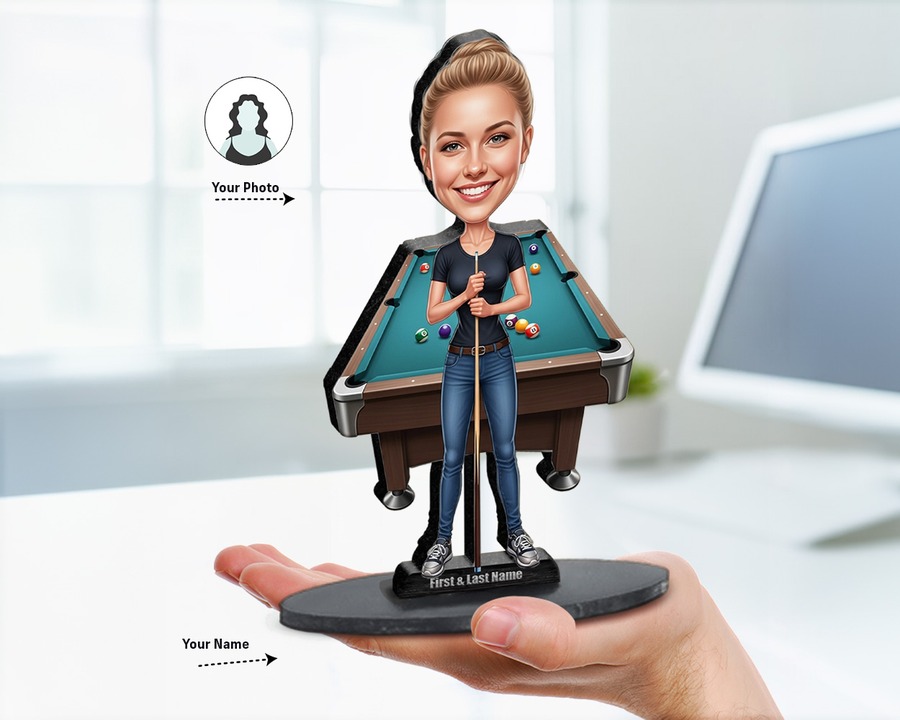 Pool Player (Female) figurine — custom personalized Sport gift, premium wood 8 inches