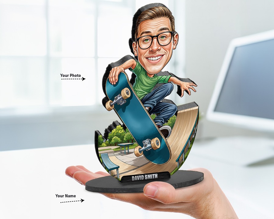 Skateboarder figurine — custom personalized Sport gift, premium wood 8 inches