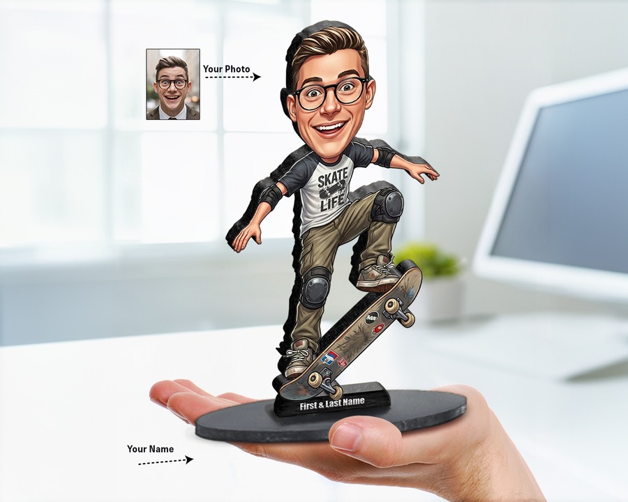 Skateboarder figurine — custom personalized Sport gift, premium wood 8 inches