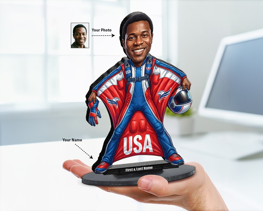 Wingsuit Pilot figurine — custom personalized Sport gift, premium wood 8 inches